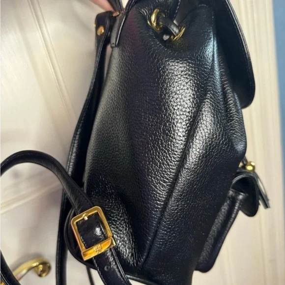 MCM Gold Studded Logo Black Pebbled Leather Backpack Tasseled Drawstring - Picture 7 of 15